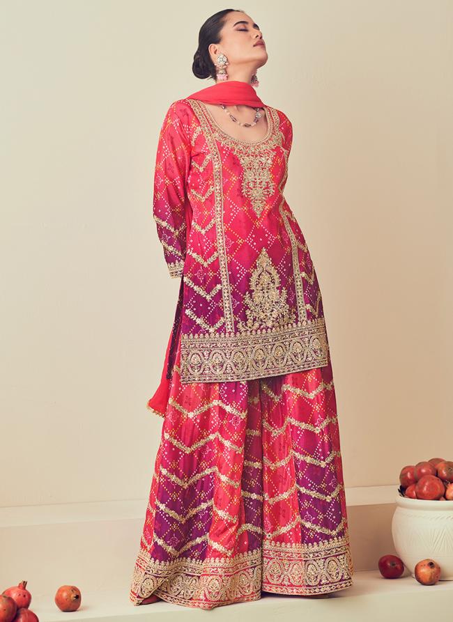 Chinnon Pink Wedding Wear Embroidery Work Readymade Plazzo Suit